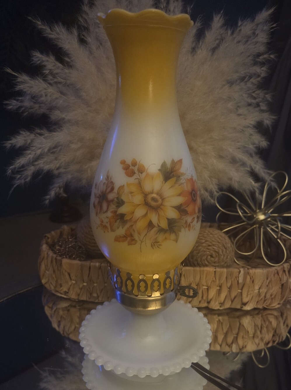 Vintage 70s Hand Painted Milk Glass Electric Hurricane Table | Boudoir Lamp